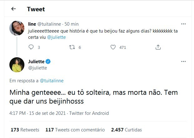 Tweet de Juliette (Foto: Reprodução/Twitter)