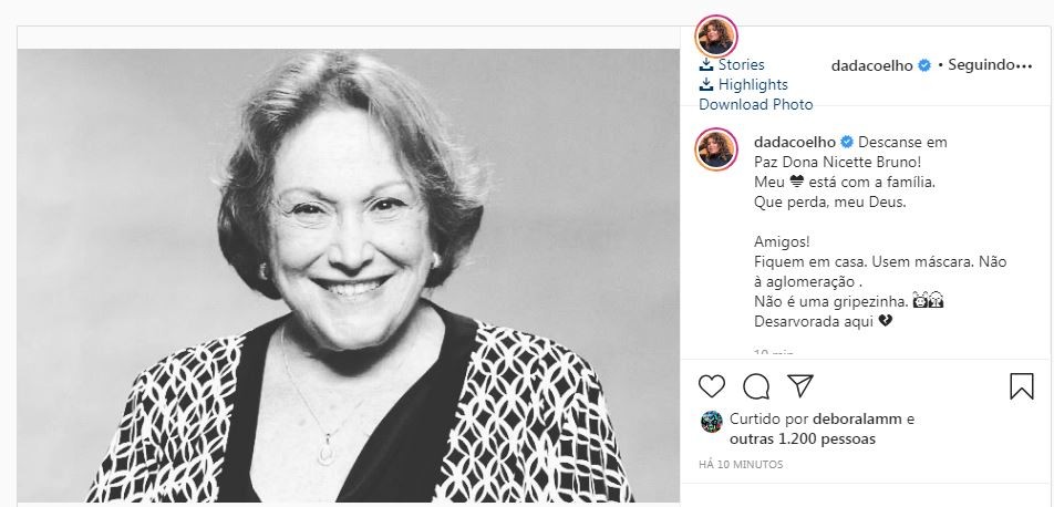 Dada Coelho lamenta morte de Nicette Bruno (Foto: Reprodução / Instagram)