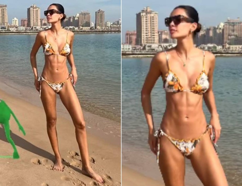 Joana Sanz, mulher de Daniel Alves, exibe barriga trincada em dia de praia no Catar