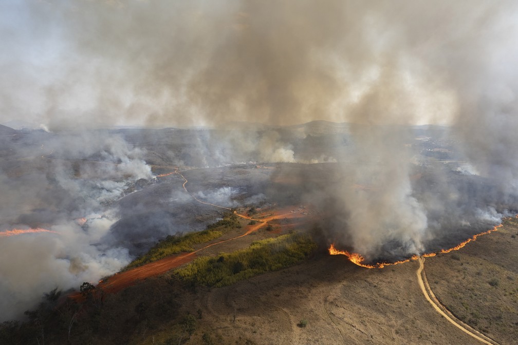 Incêndio consome parte do Parque Juquery em Franco da Rocha, Grande São Paulo, em 23 de agosto de 2021 — Foto: Andre Penner/AP