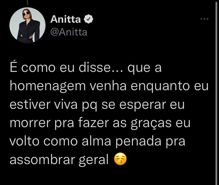 Anitta revela que pediu a família para barrar homenagens após sua morte (Foto: Reprodução /Twitter)