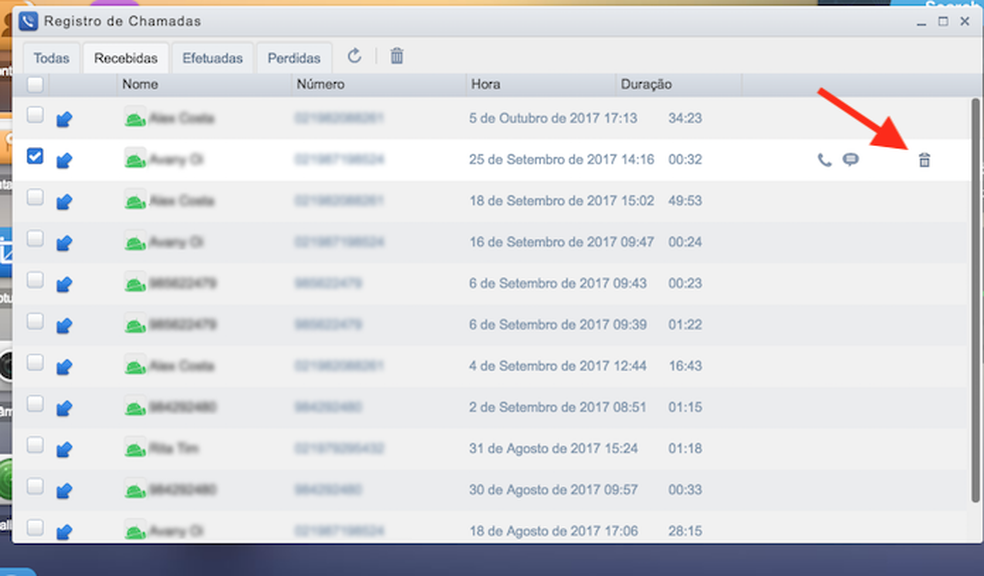 Opção para deletar um registro de chamada do Android através do AirDroid Web (Foto: Reprodução/Marvin Costa)