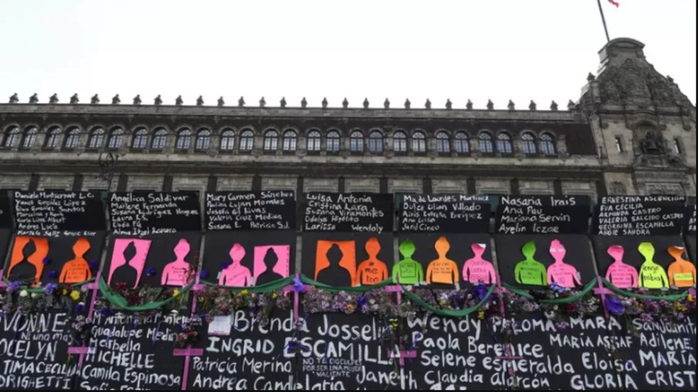 Grupos de mulheres no México transformaram grades em memorial improvisado para vítimas de feminicídio — Foto: Getty Images/via BBC