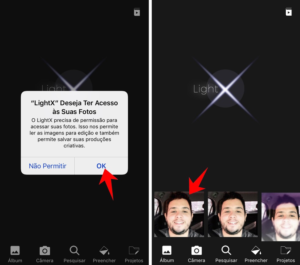 Conceda permissão para que o app LightX acesse suas fotos — Foto: Reprodução/Rodrigo Fernandes