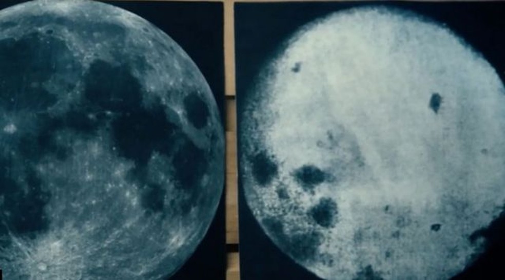 Imagem à direita mostra o lado oculto da Lua a partir da nossa perspectiva na Terra — Foto: BBC NEWS