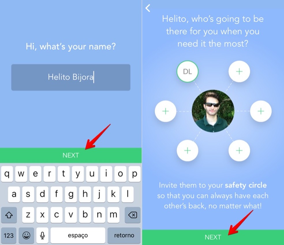 Insira seu nome e adicione os contatos confiáveis no Companion Safety App — Foto: Reprodução/Helito Bijora