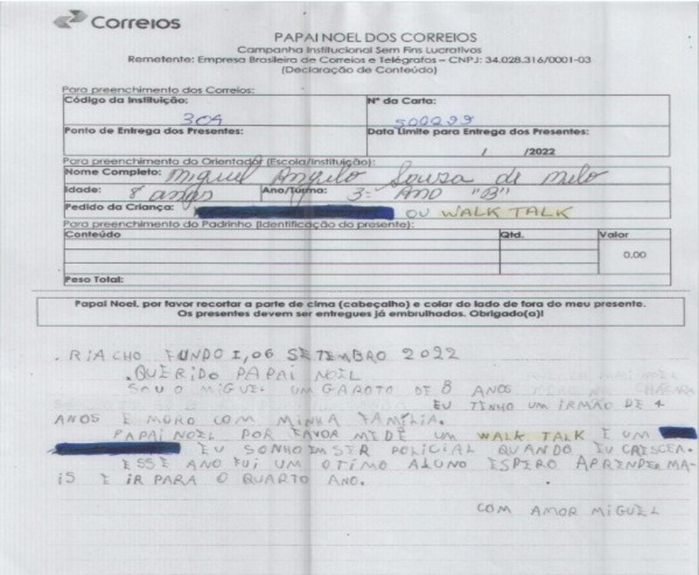 Miguel Angelo, de 8 anos, quer ganhar um walk talk  — Foto: Foto: Correios/Reprodução