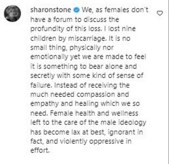 O comentário da atriz Sharon Stone no post da amiga Peta Murgatroyd falando sobre suas perdas gestacionais (Foto: Instagram)