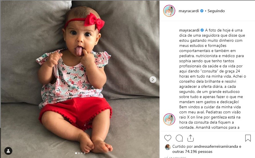 Mayra Cardi revela que Sophia está iniciando alimentação com dieta