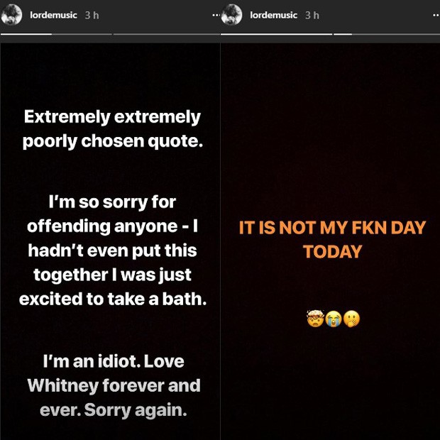 Lorde pede desculpas após post infeliz com música de Whitney Houston (Foto: Reprodução/Instagram)