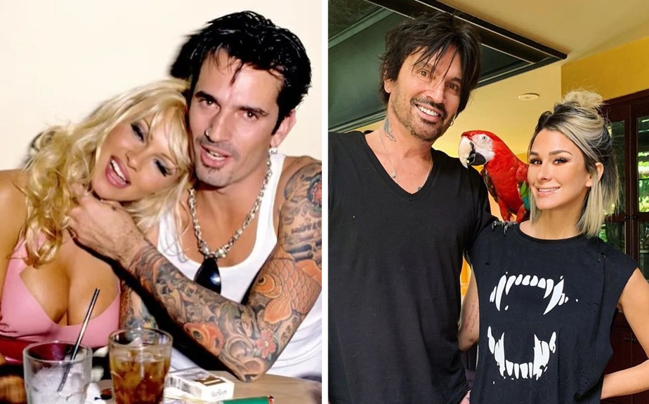 Tommy Lee foi casado com Pamela Anderson (à esquerda) e, atualmente, é marido da atriz Brittany Furlan (à direita)