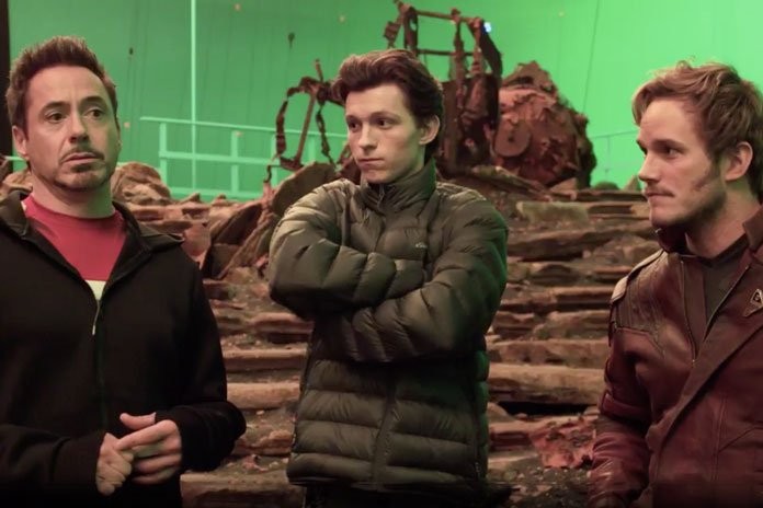 Robert Downey Jr,  Tom Holland e Chris Pratt no set de 'Infinity War' (Foto: Divulgação)