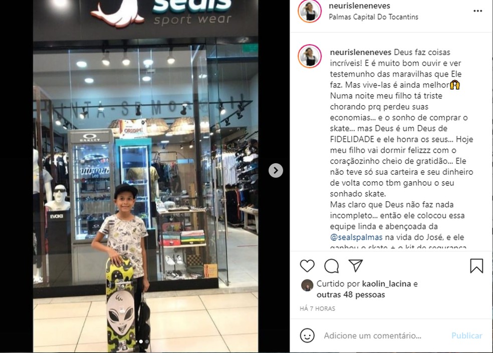 Menino ganhou skate e mãe agradeceu nas redes sociais — Foto: Reprodução