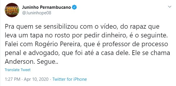 Tweet de Juninho Pernambucano (Foto: Twitter)