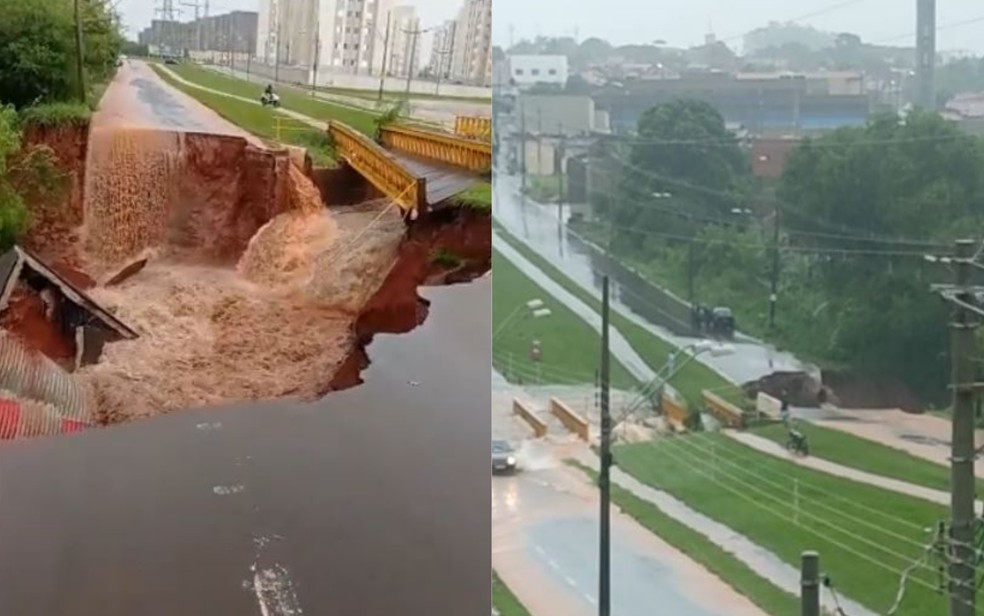Ponte desaba durante temporal em Barretos, SP — Foto: Redes Sociais