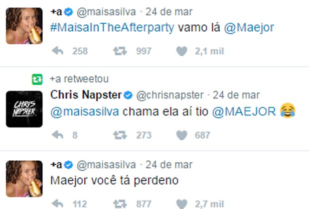 Maisa Silva interage com Maejor para tentar convite para after party de Justin Bieber (Foto: Reprodução/Twitter)