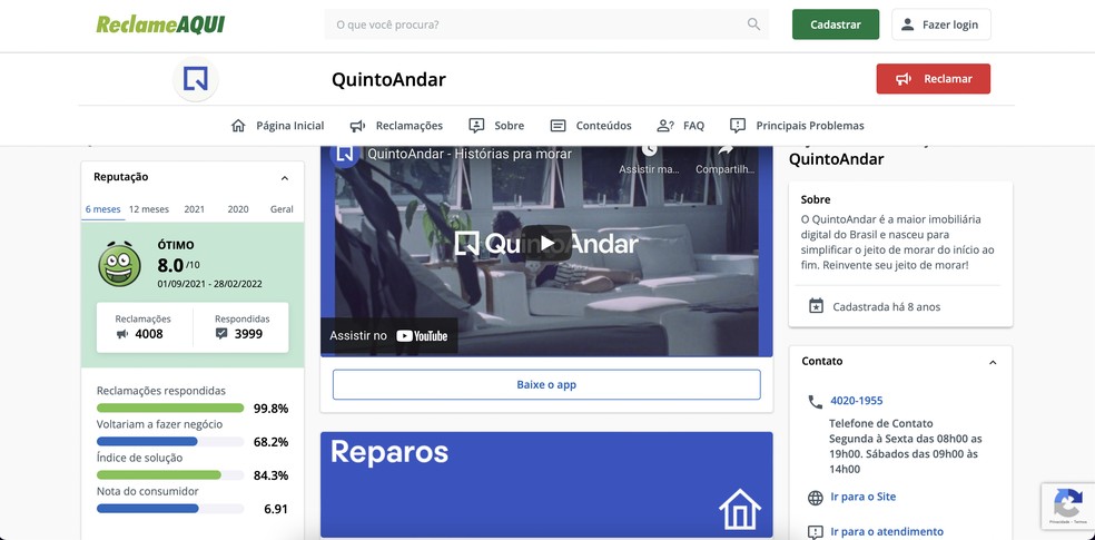 QuintoAndar tem boa avaliação no Reclame Aqui — Foto: Reprodução/Guilherme Ramos