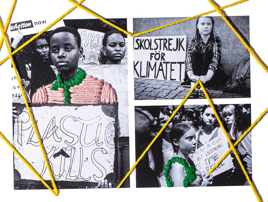  LEAH NAMUGERWA + GRETA THUNBERG Ao criar a “greve de escola pelo clima”, a sueca Greta Thunberg (à direita) iniciou um movimento que inspira garotas de todo o mundo. Leah Namugerwa  (à esquerda) é uma delas: a jovem de Uganda protesta a favor de projetos (Foto: Bruna Scorsatto | Design e ilustração May Tanferri)
