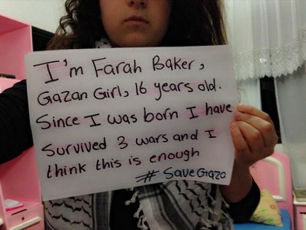 ‘Sou Farah Baker Gazan, 16 anos. Desde que nasci eu sobrevive a três guerras e acho que é o suficiente’, disse jovem palestina no Twitter (Foto: Reprodução/Twitter/Farah_Gazan)