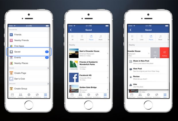 Novo botão nos aplicativos do Facebook permitirão salvar conteúdo para ler ou acessar depois (Foto: Divulgação/Facebook)