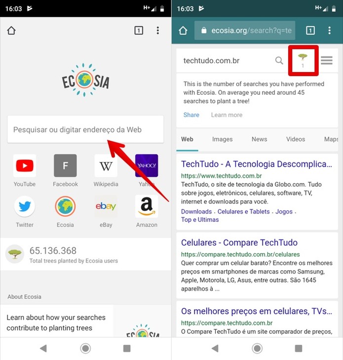 Realizando buscas no Ecosia; sÃ£o necessÃ¡rias cerca de 45 pesquisas para plantar uma Ã¡rvore â€” Foto: ReproduÃ§Ã£o/Helito Beggiora