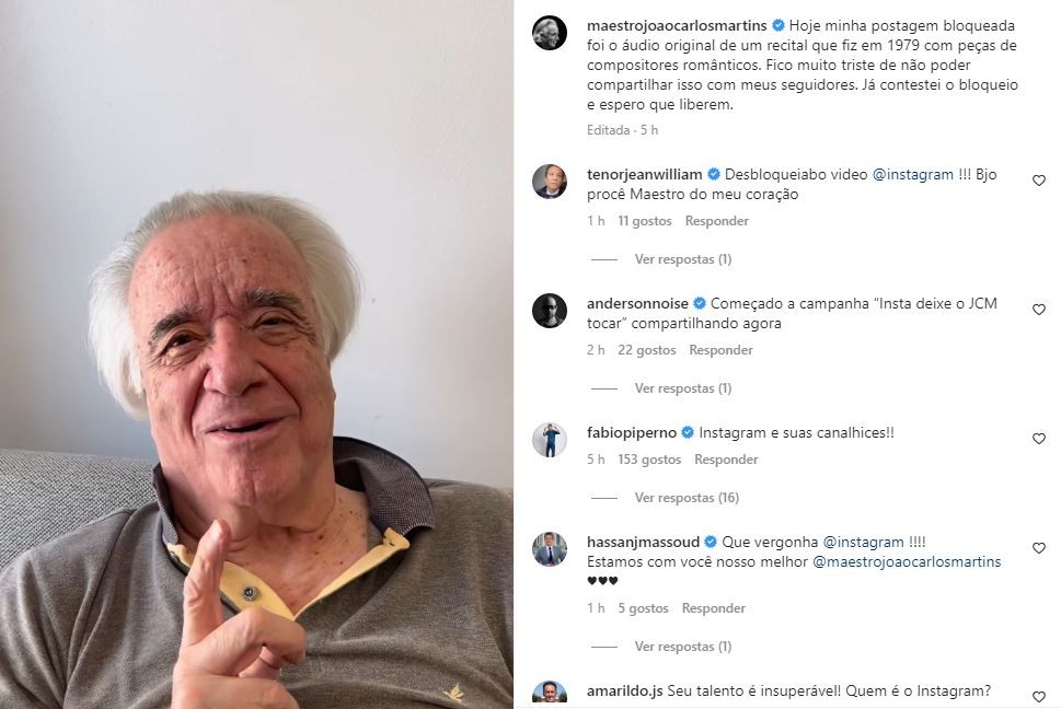 Maestro João Carlos Martins diz que Instagram bloqueou postagem com áudio de recital que fez em 1979: 'Triste de não poder compartilhar'