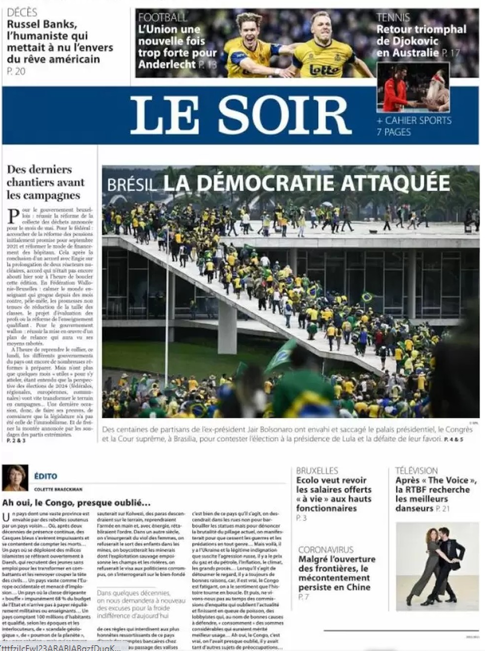 Capa do jornal Le Soir, da Bélgica, em 9 de janeiro de 2023.  — Foto: Reprodução 
