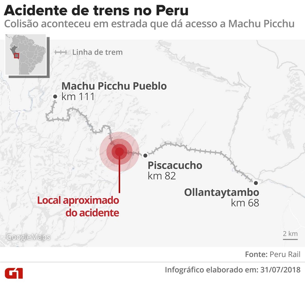 Mapa de acidente de trem em acesso a Machu Picchu (Foto: Alexandre Mauro/G1)