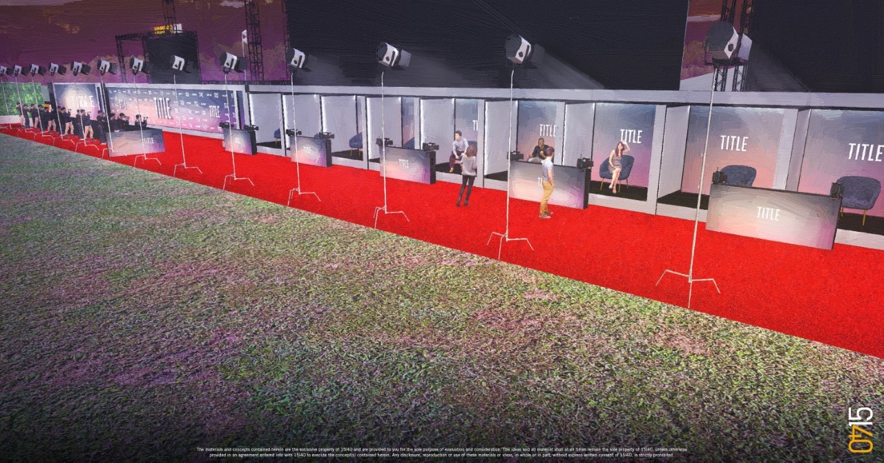 Tapete vermelho virtual: modelo de pods de entrevista que pode ser o futuro dos red carpets, em desenho da 15/40 Productions (Foto: Reprodução)