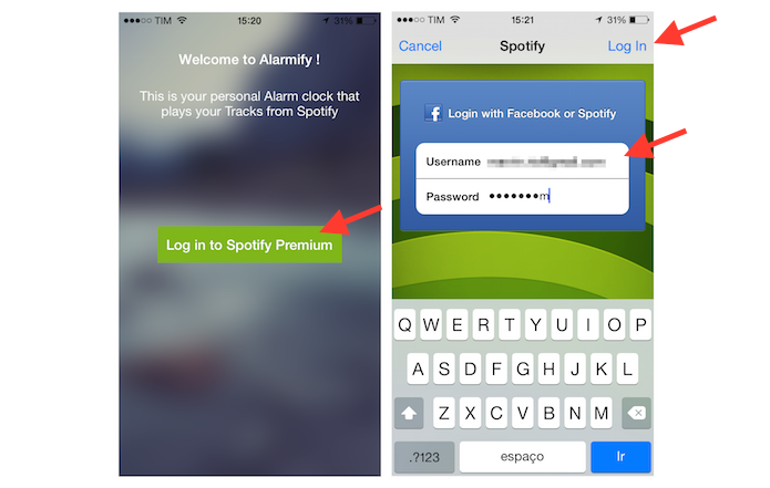 Realizando login do Spotify pelo Alarmify para criar um alarme no iPhone (Foto: Reprodução/Marvin Costa)