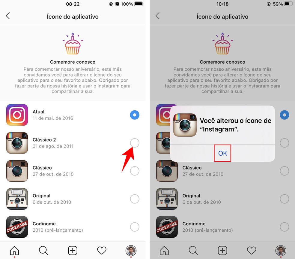O ícone do Instagram é alterado imediatamente na tela do celular — Foto: Reprodução/Rodrigo Fernandes