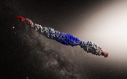 This artist’s impression shows the first interstellar asteroid: `Oumuamua. This unique object was discovered on 19 October 2017 by the Pan-STARRS 1 telescope in Hawai`i. Subsequent observations from ESO’s Very Large Telescope in Chile and other observator (Foto: ESO/M. Kornmesser)