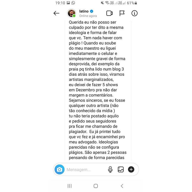 Exposed: Bruna Volpi compartilhou prints das mensagens que trocou com Latino (Foto: Reprodução/Instagram)