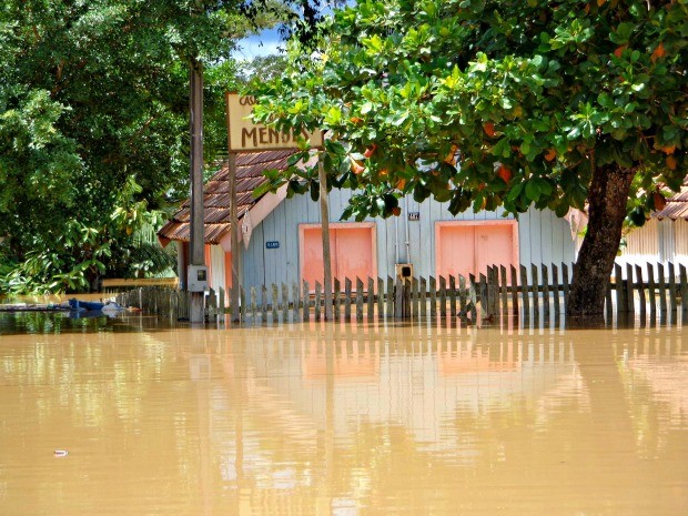 Foto tirada nesta terça-feira (24), mostra Casa de Chico Mendes submersa (Foto: Luiza Melo/Arquivo Pessoal)