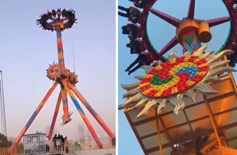 Visitantes de um parque de diversões na cidade de Guyang, na província de Anhui, na China, ficaram presos de ponta-cabeça.