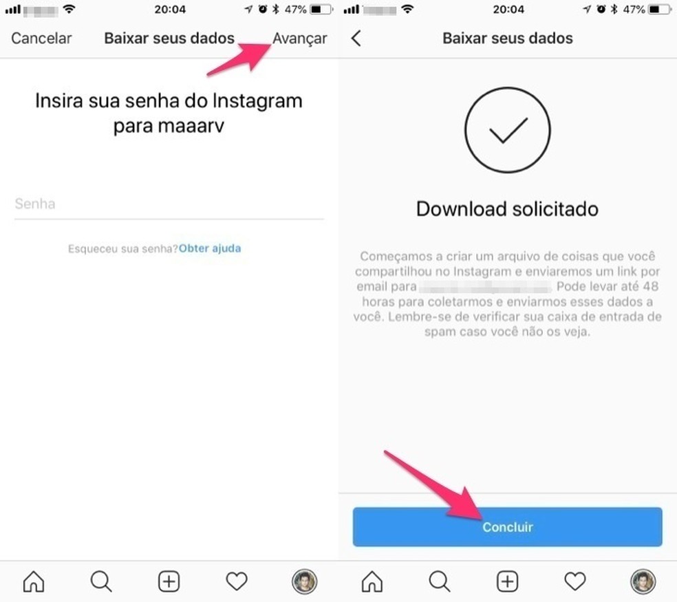 Confirme a solicitação para download de dados de uma conta do Instagram pelo iPhone (Foto: Reprodução/Marvin Costa)
