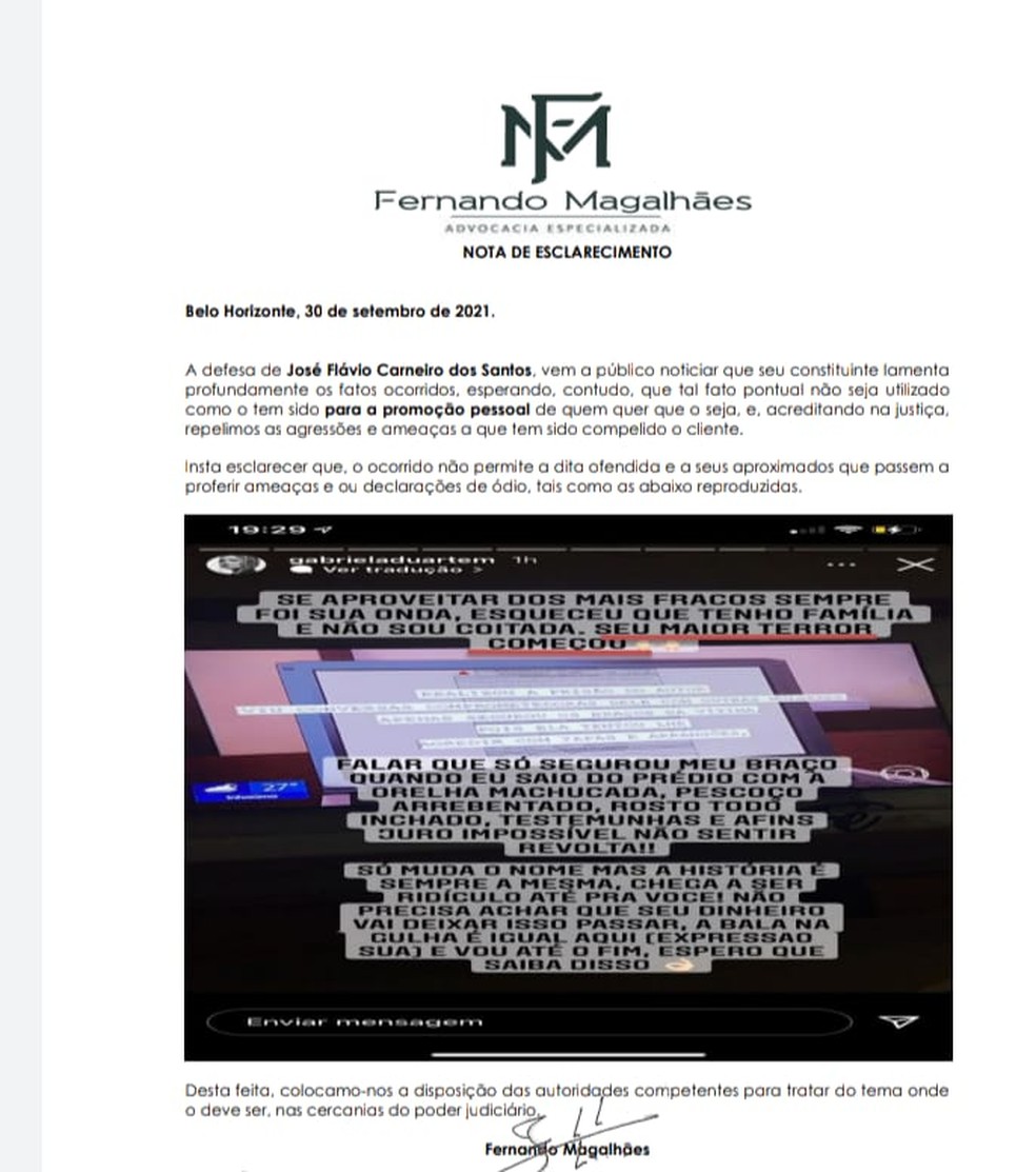 Nota do advogado de defesa de José Flávio Carneiro suspeito de agredir a ex-namorada em BH — Foto: Fernando Magalhães 
