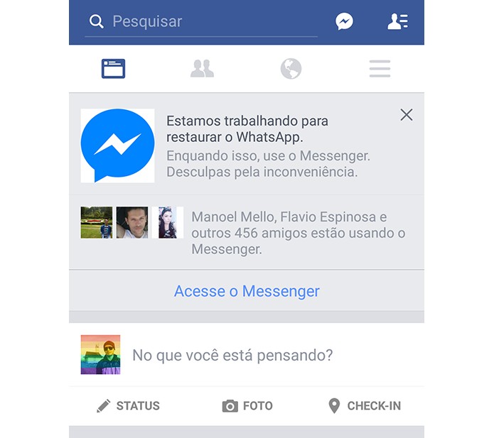 Facebook incentiva usuários a migrarem para Messenger enquanto o WhatsApp não volta (Foto: Reprodução/Elson de Souza)