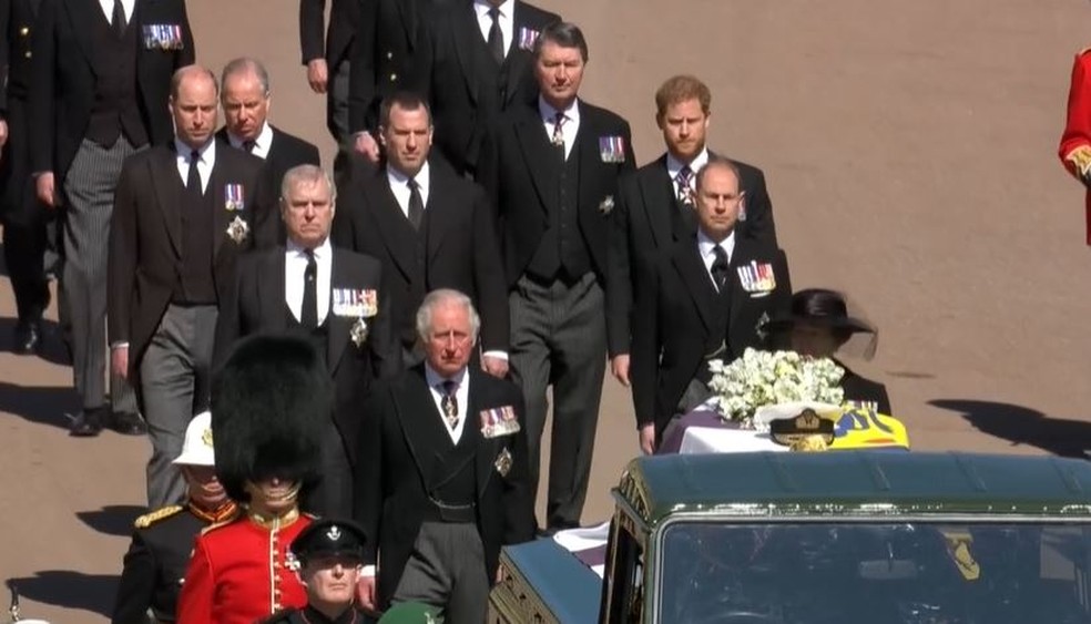 Família real no funeral do Príncipe Philip — Foto: Reprodução
