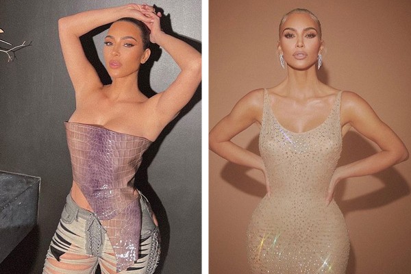 Kim Kardashian em registro do início de abril de 2022 e em foto do vestido que usou no Met Gala um mês depois: empresária disse ter perdido 7 quilos em apenas três semanas (Foto:  reprodução / Instagram)