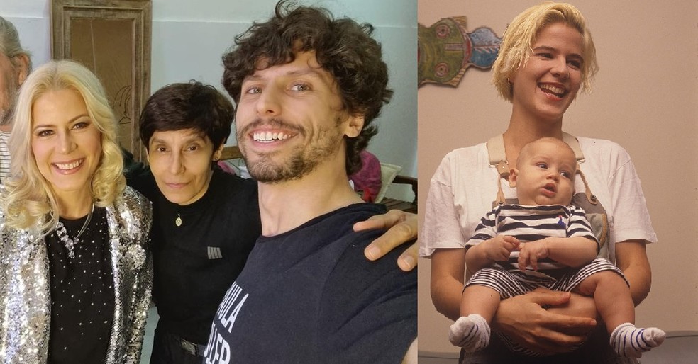 Paula Toller com sua produtora e Gabriel em MG e, em 1990, com o filho bebê no colo — Foto: instagram e Carlos Wrede 