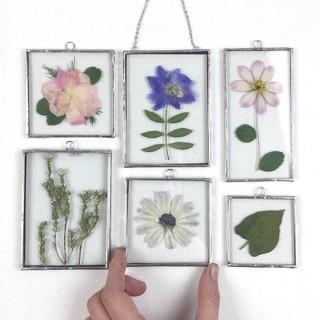 Usando flores de diferentes espécies e cores, ela cria pequenos quadros de vidro decorativos.