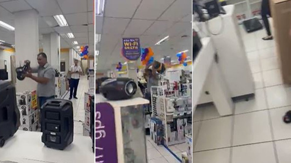 Homem destrói produtos em loja após não conseguir trocar caixa de som com defeito, na Zona da Mata — Foto: Reprodução