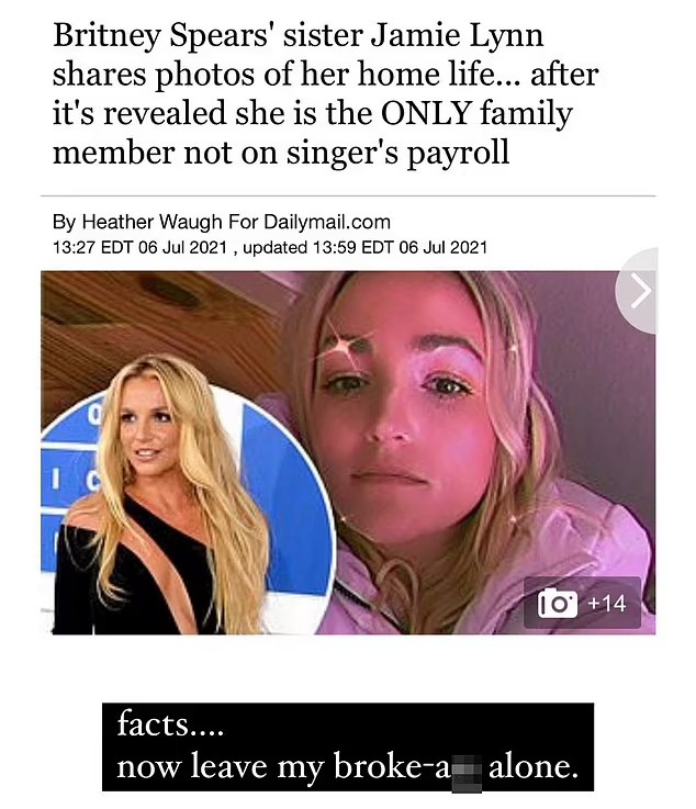 Post de Jamie Lynn Spears no Instagram: artista de 30 anos apontou que não recebe ajuda financeira de Britney Spears (Foto: Reprodução / Instagram)