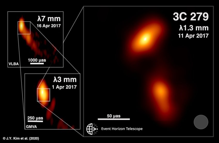 Astrônomos detectam quasar que emite jato de matéria"torto"; entenda. Variações do jato emitido pelo 3C 279. (Foto: J.Y. Kim (MPIfR), Boston University Blazar Program (VLBA and GMVA), and Event Horizon Telescope Collaboration)