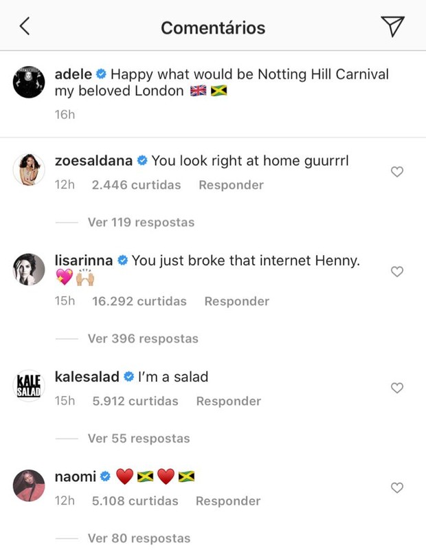 Comentários de famosos na foto de Adele (Foto: Reprodução/Instagram)
