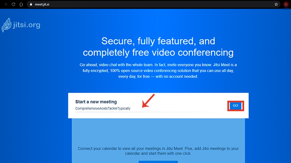 Acesse o site do Jitsi Meet para iniciar a chamada — Foto: Reprodução/Caroline Doms
