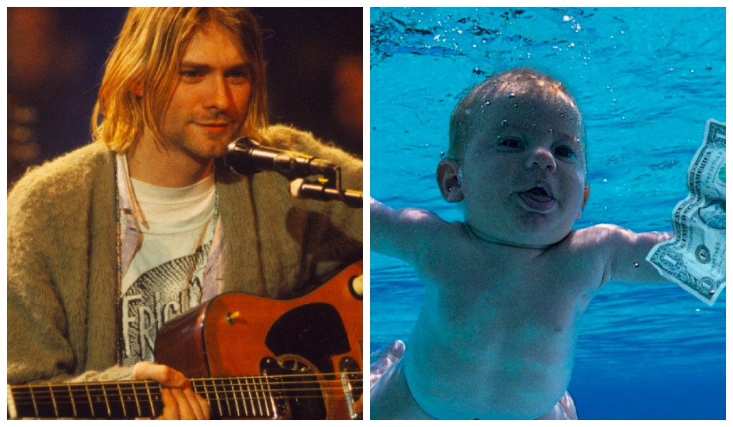 Kurt Cobain (1967-1994) nas gravações do disco acústico do Nirvana e a capa do clássico Neverminda (1991) (Foto: Getty Images/Reprodução)