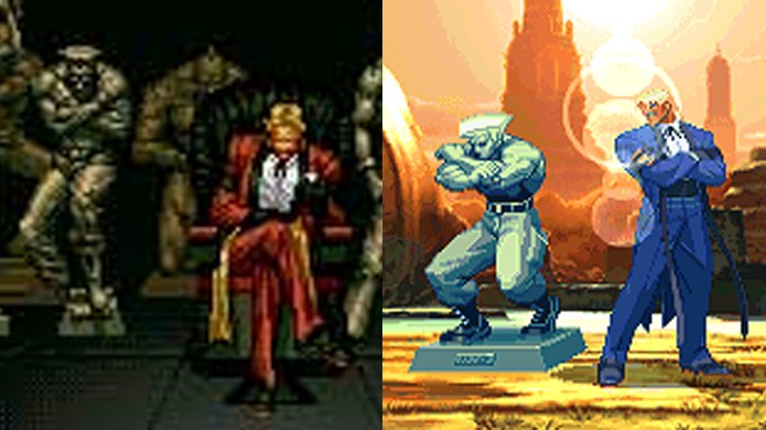 Rugal exibia estátuas de lutadores em The King of Fighters 94 e repete em Capcom vs. SNK com Guile (Foto: Reprodução/Neo-Geo e Neo-Geo Spirits)