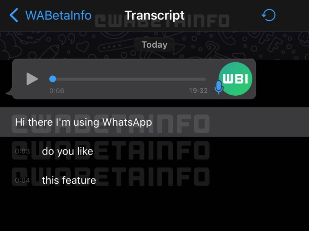 Novo recurso de transcrição terá seção dedicada e as mensagens transcritas ficarão salvas no banco de dados do WhatsApp — Foto: Reprodução/WABetaInfo